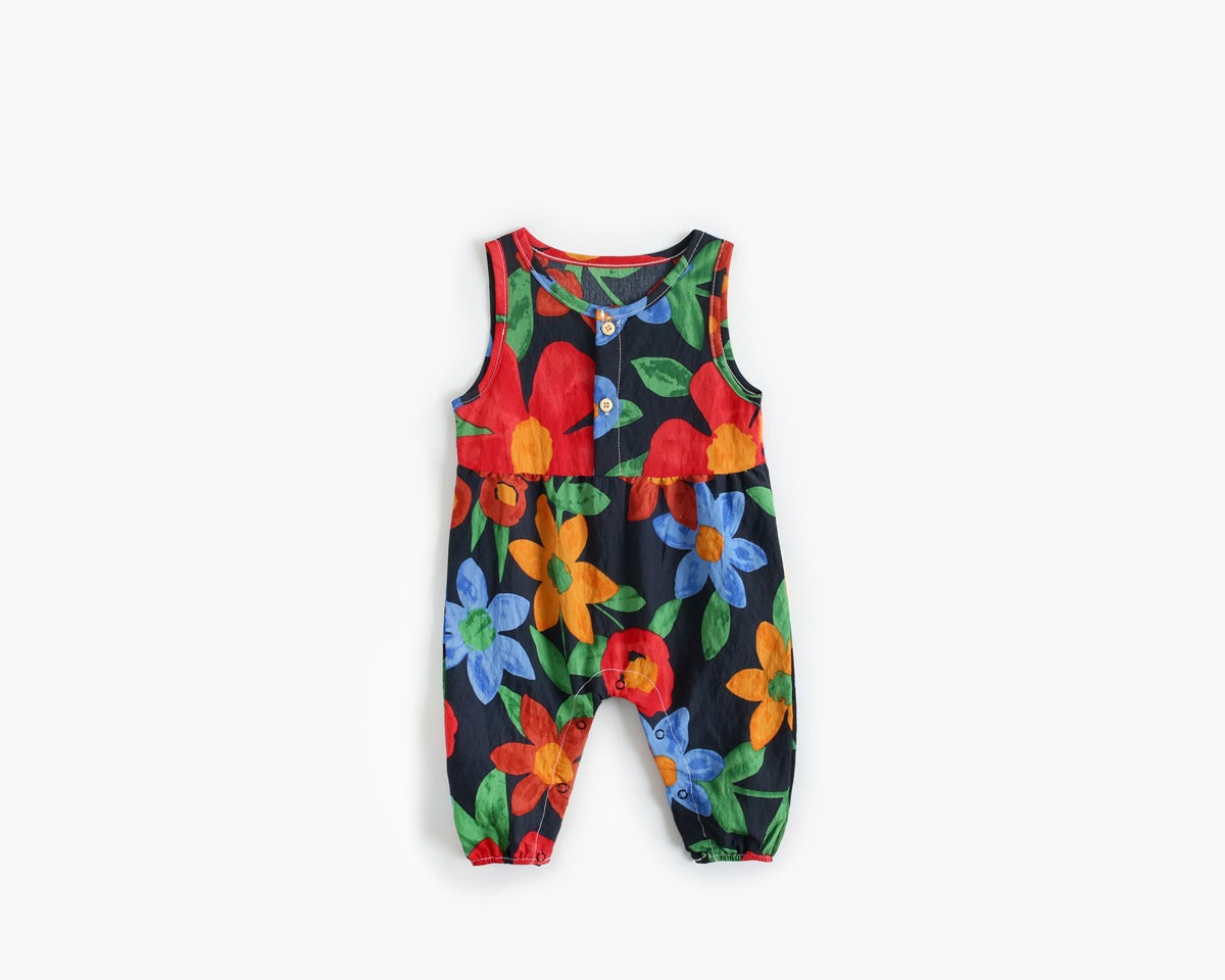 Baby girl floral print sleeveless romper with buttoned design in various colors.