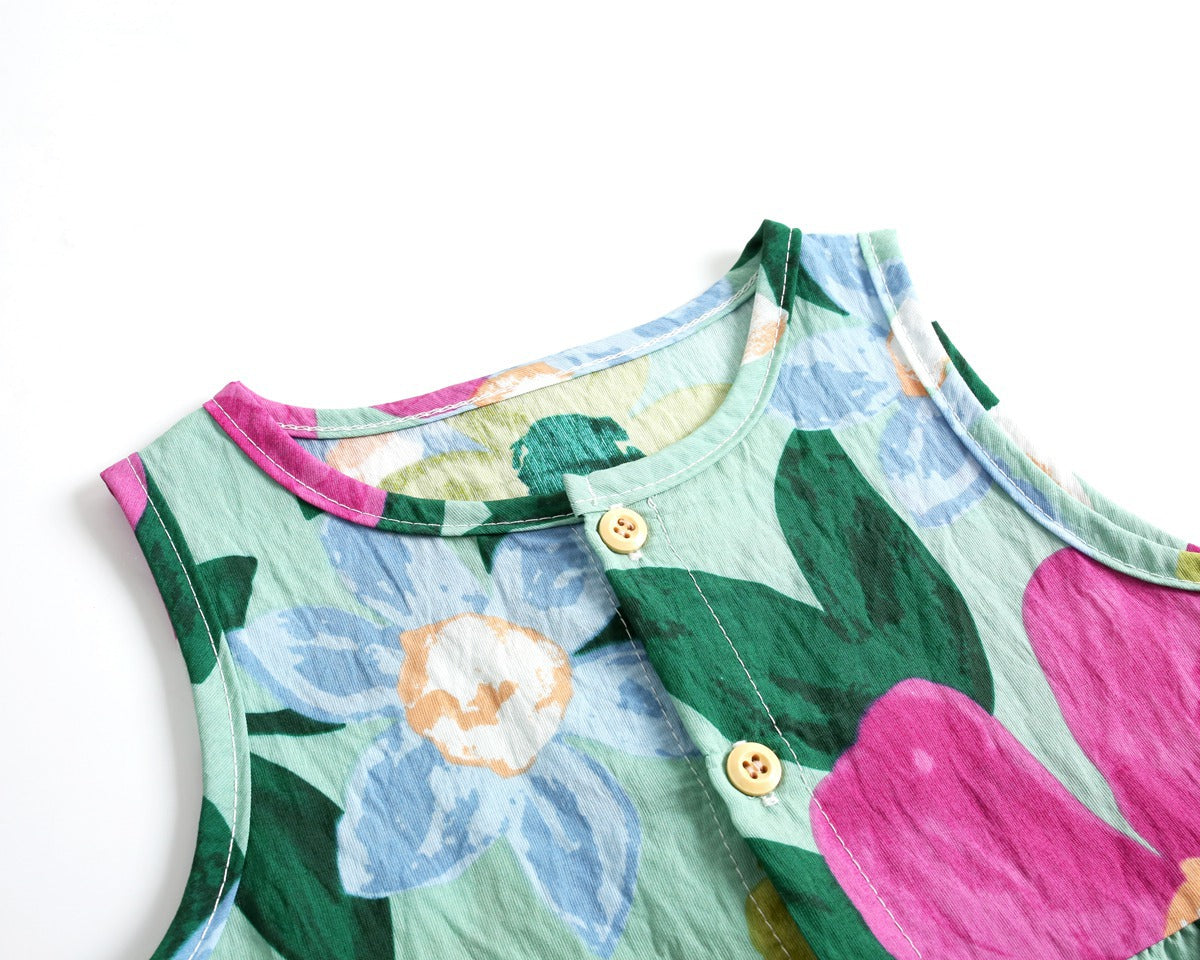 Baby girl floral print sleeveless romper with buttoned design in various colors.