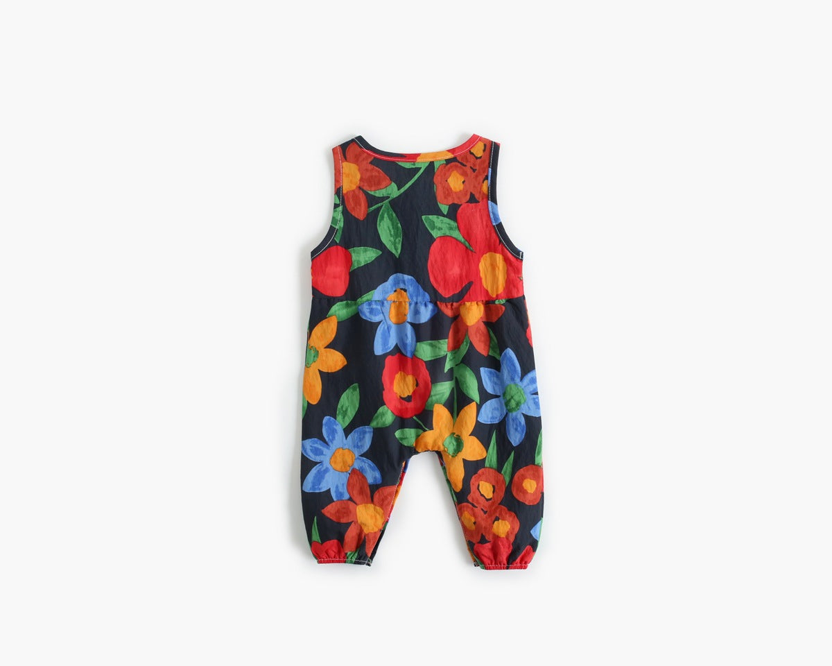 Baby girl floral print sleeveless romper with buttoned design in various colors.