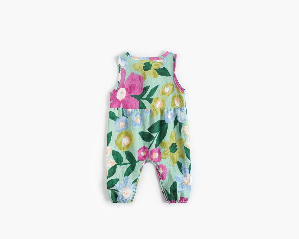 Baby girl floral print sleeveless romper with buttoned design in various colors.