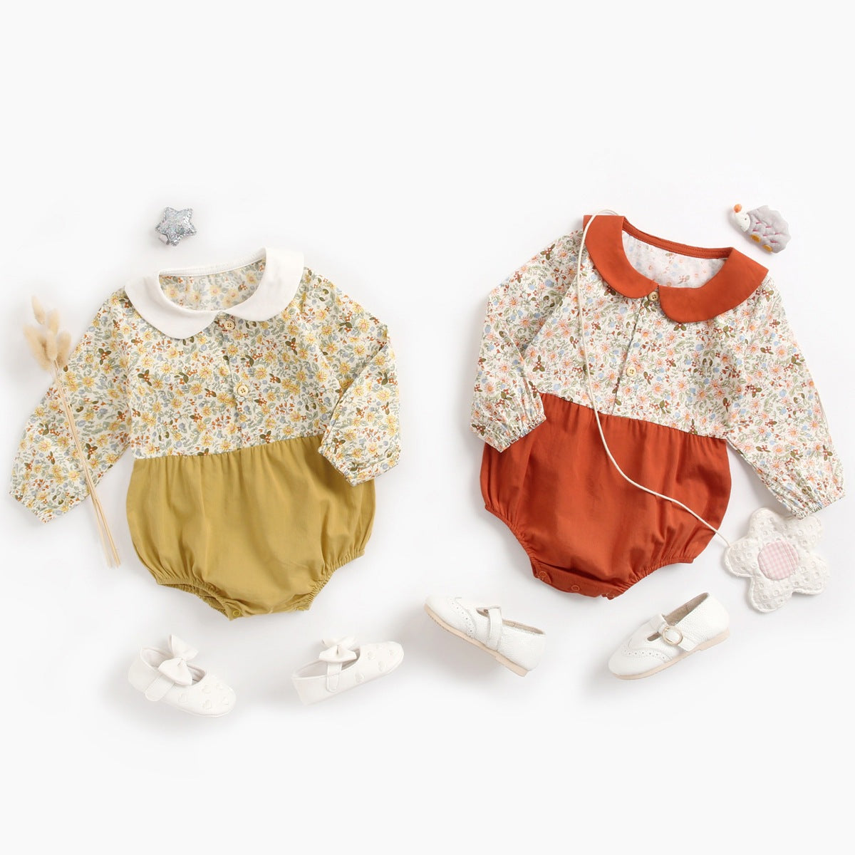 Baby girl long sleeve onesie with floral print and color blocking design in red and yellow, perfect for spring and summer.