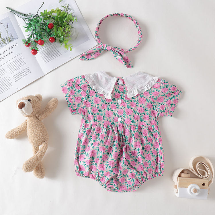 Baby girl floral print onesie with lace collar, featuring a patchwork design in purple, perfect for summer wear.