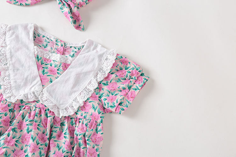 Baby girl floral print onesie with lace collar, featuring a patchwork design in purple, perfect for summer wear.