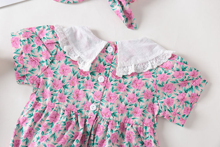 Baby girl floral print onesie with lace collar, featuring a patchwork design in purple, perfect for summer wear.