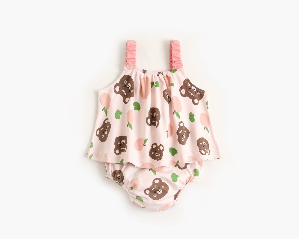 Baby girl floral print sleeveless top and shorts combo set in pink and apricot colors, perfect for summer wear.