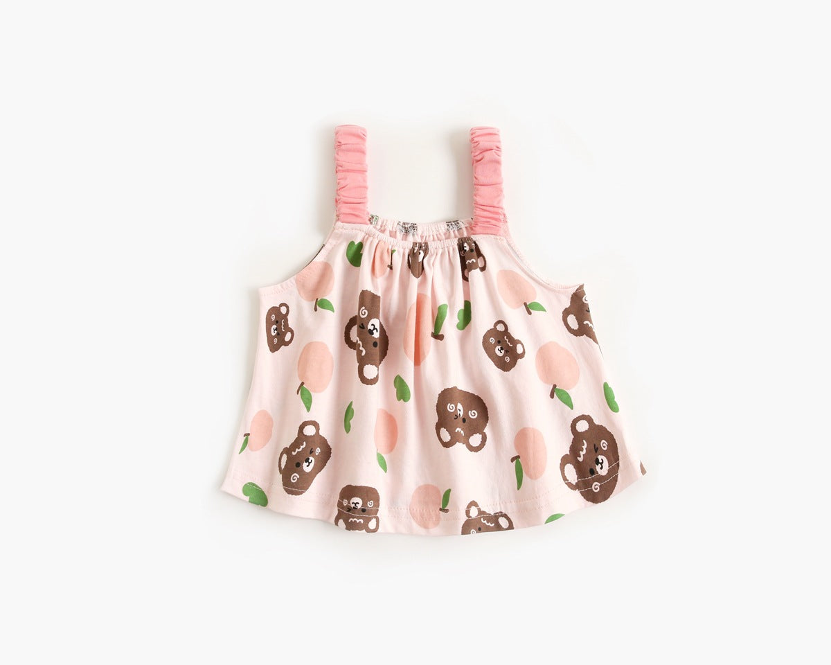 Baby girl floral print sleeveless top and shorts combo set in pink and apricot colors, perfect for summer wear.