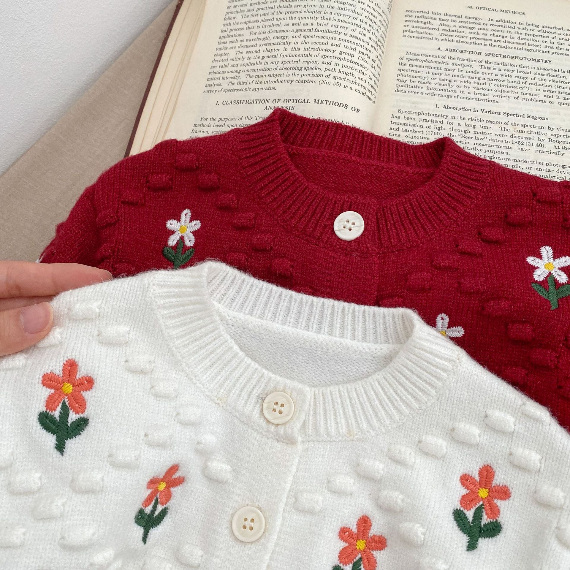 A cozy baby girl cardigan featuring flower embroidery, thickened knit design, available in white and red colors.