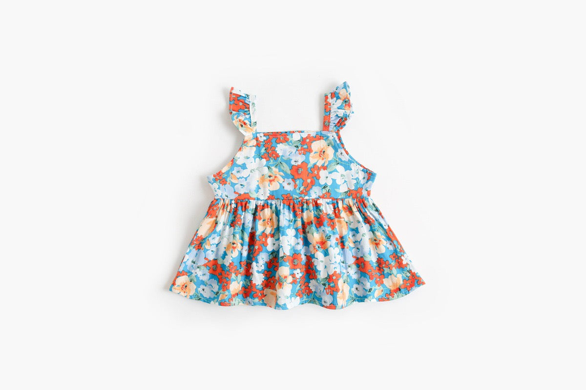 Baby girl outfit featuring a floral pattern sling top and matching shorts in pink, blue, and yellow colors.