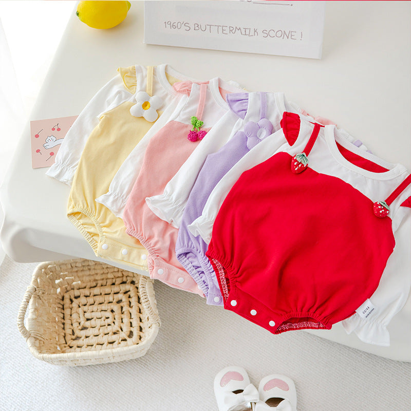 Baby girl bodysuit with fruit patches in vibrant colors, perfect for spring and autumn.