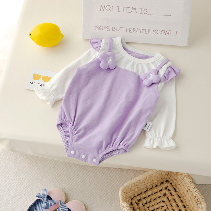 Baby girl bodysuit with fruit patches in vibrant colors, perfect for spring and autumn.