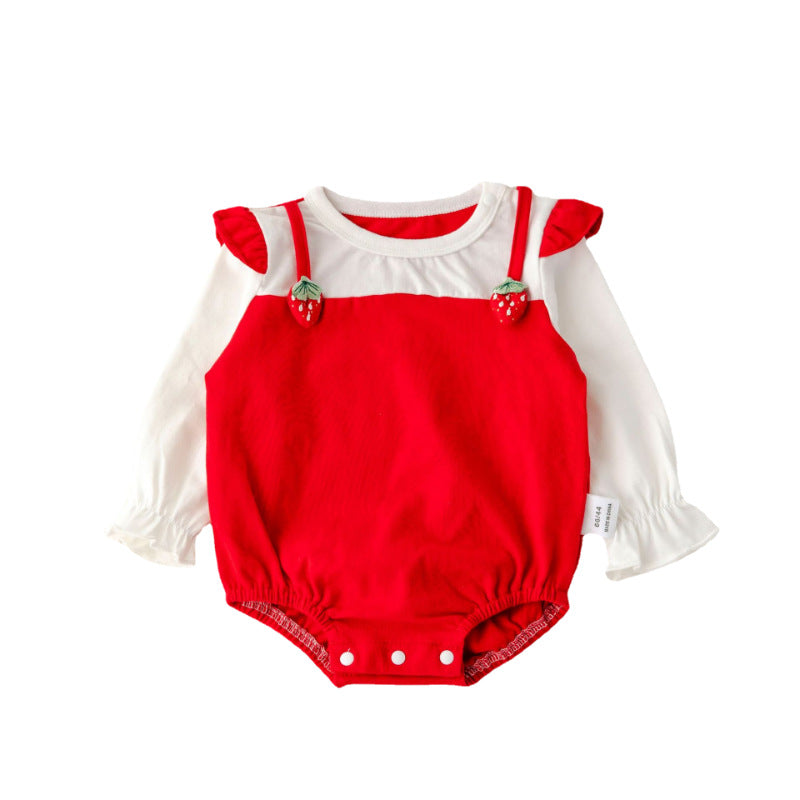 Baby girl bodysuit with fruit patches in vibrant colors, perfect for spring and autumn.