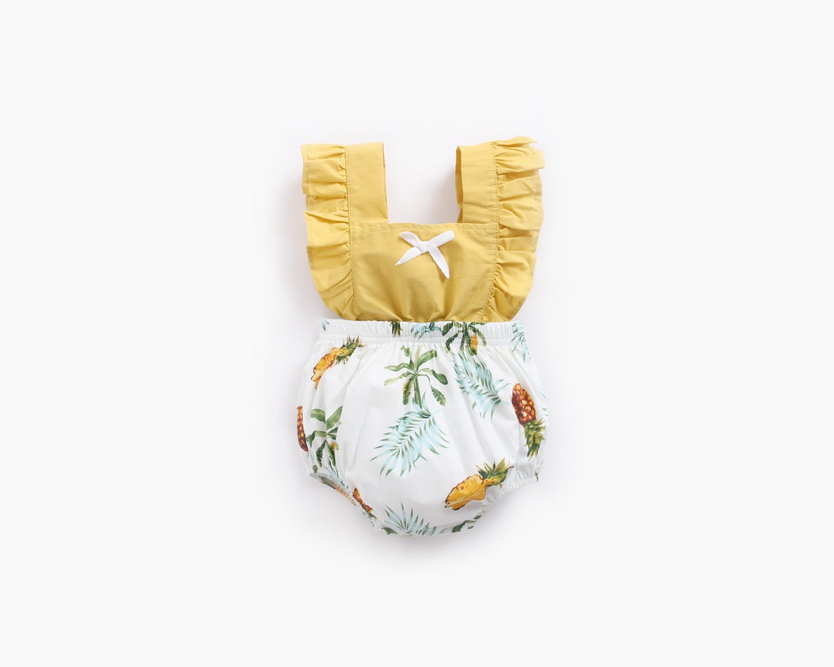 Adorable baby girl onesie featuring a colorful fruit print pattern and delicate lace square collar, perfect for summer outings.