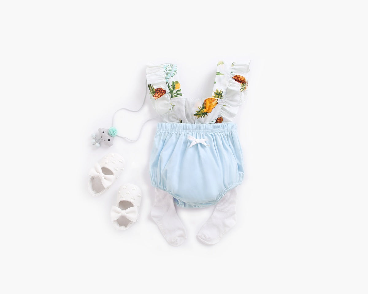 Adorable baby girl onesie featuring a colorful fruit print pattern and delicate lace square collar, perfect for summer outings.