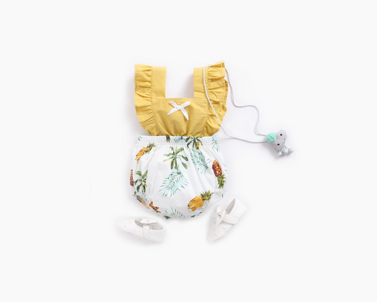 Adorable baby girl onesie featuring a colorful fruit print pattern and delicate lace square collar, perfect for summer outings.