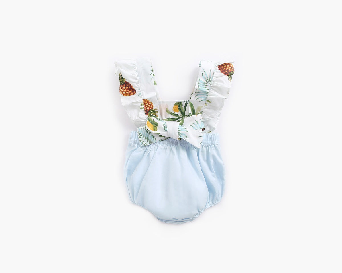 Adorable baby girl onesie featuring a colorful fruit print pattern and delicate lace square collar, perfect for summer outings.