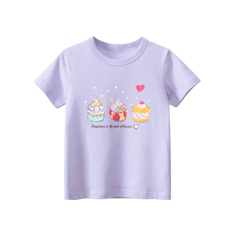 A vibrant purple t-shirt for baby girls featuring a playful ice-cream pattern, made from soft cotton for comfort and style.