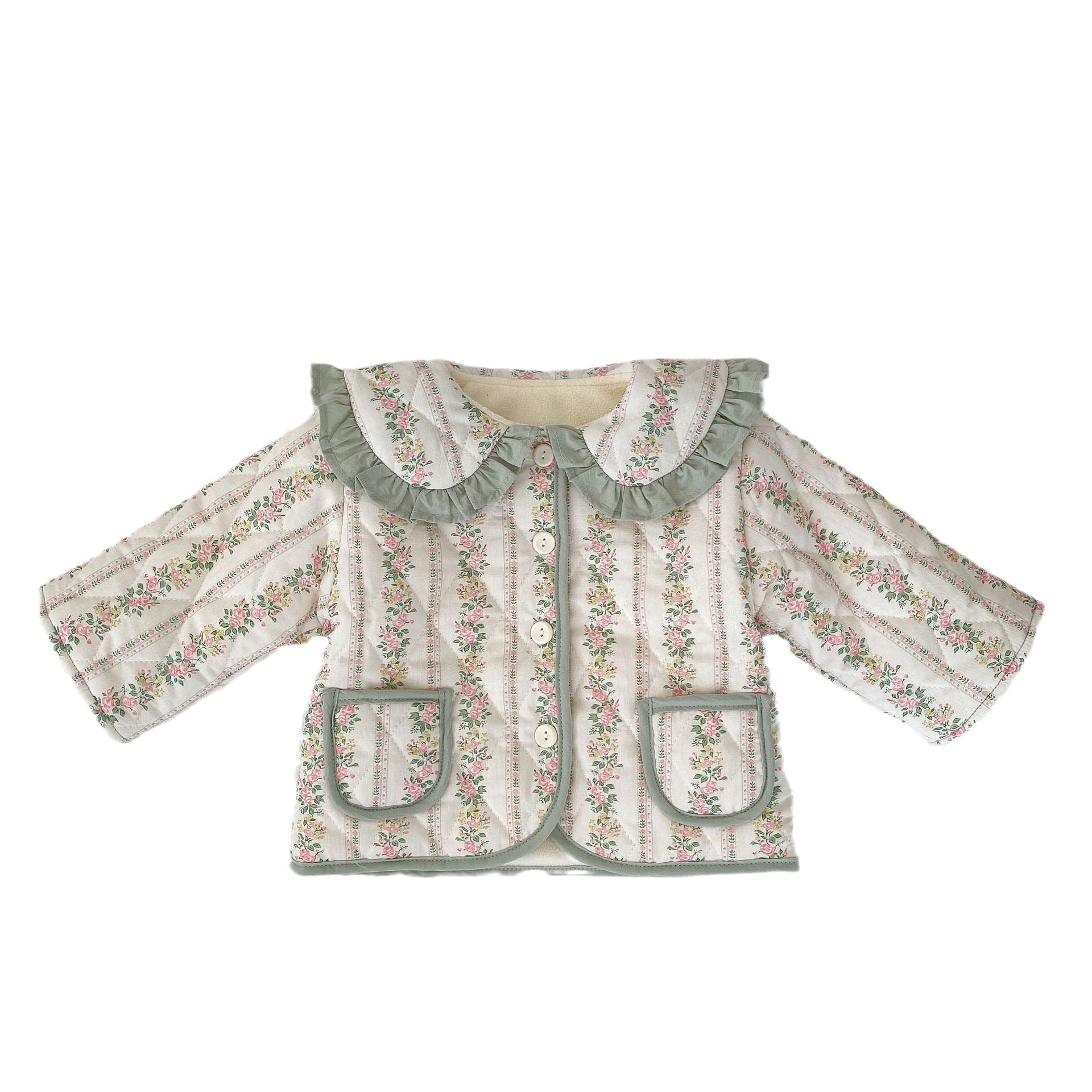 Baby girl wearing a thickened jacquard winter cardigan coat in pink with floral pattern, showcasing long sleeves and cozy design.