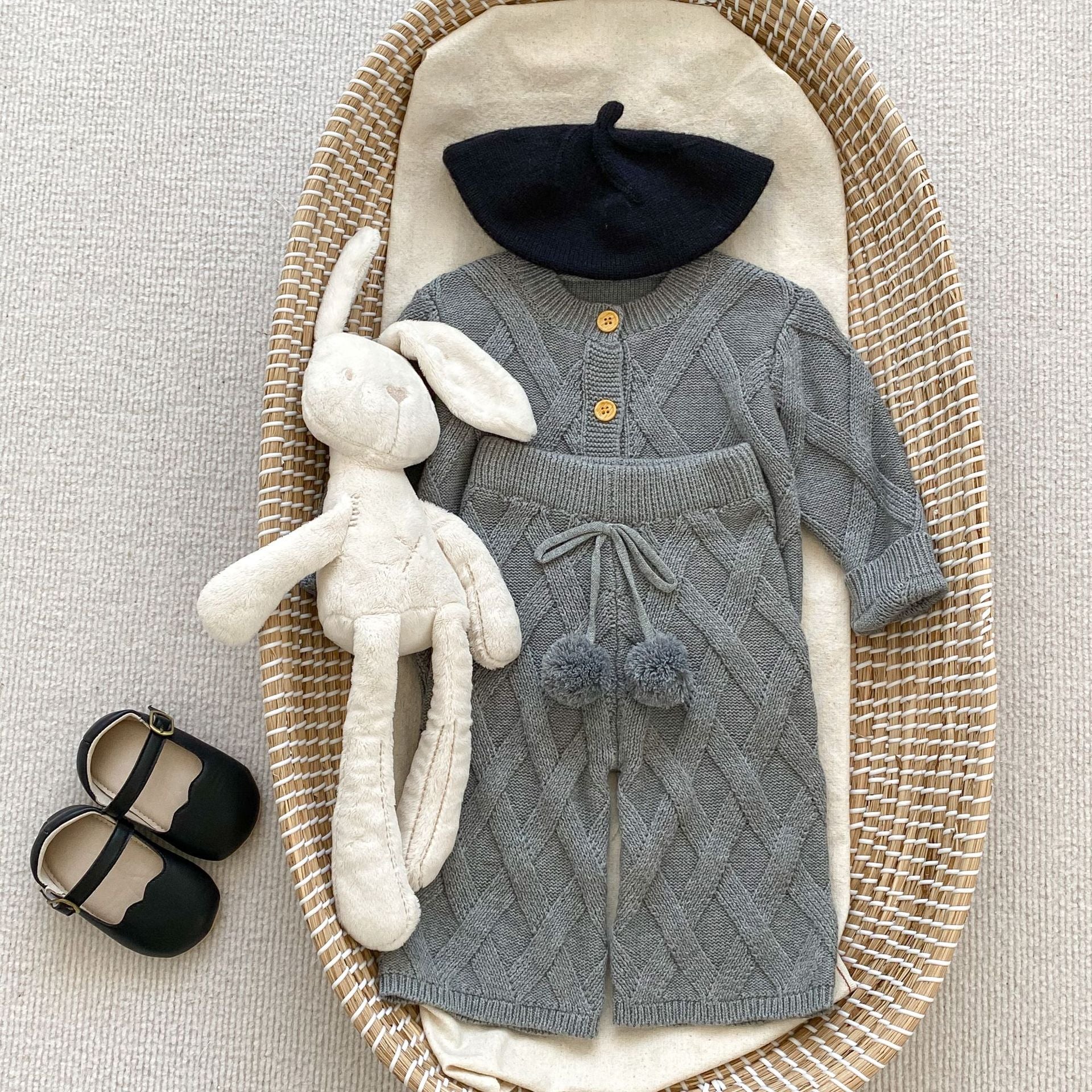 Baby girl knitted cardigan with pants set in white and grey, made from soft cotton, suitable for spring and autumn wear.