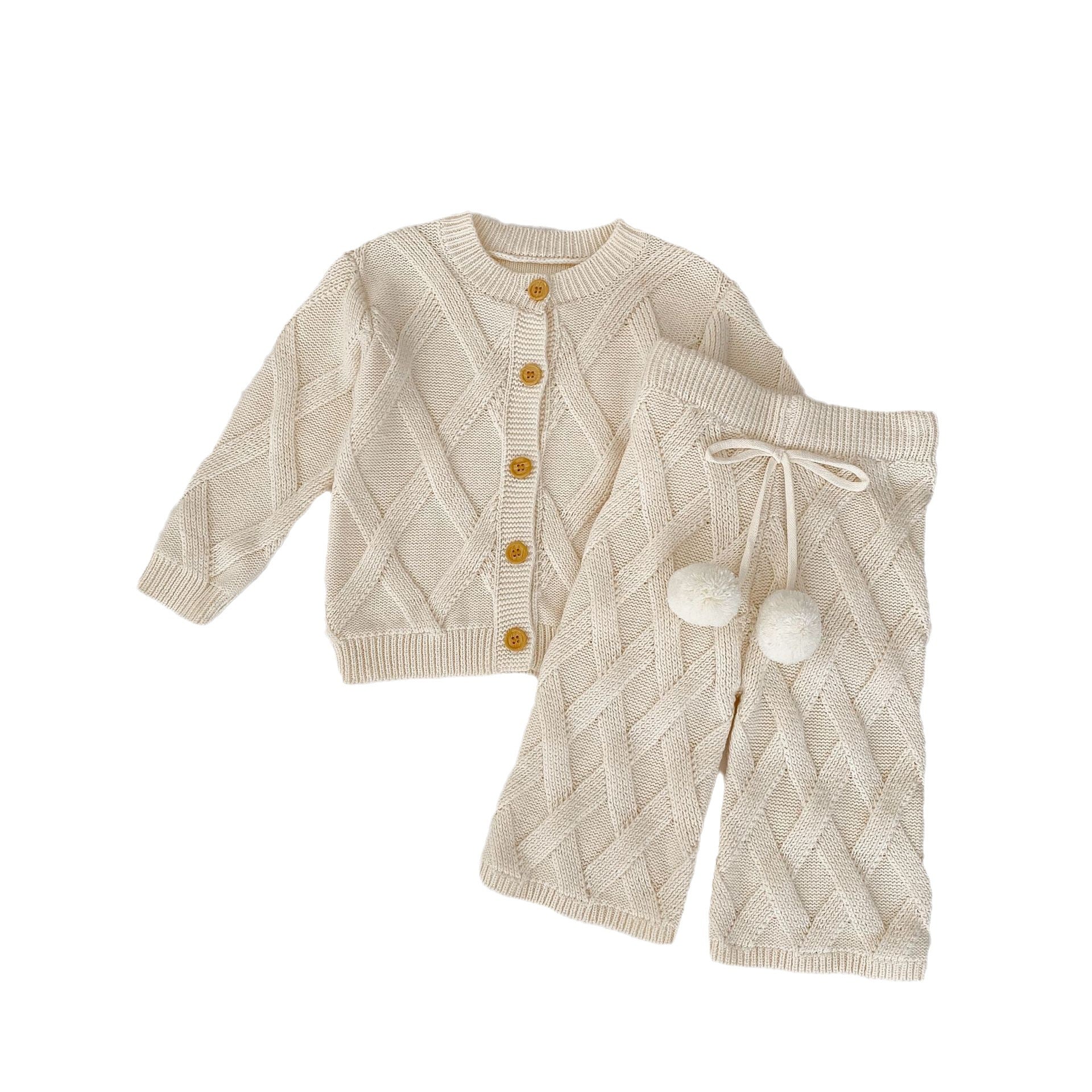 Baby girl knitted cardigan with pants set in white and grey, made from soft cotton, suitable for spring and autumn wear.