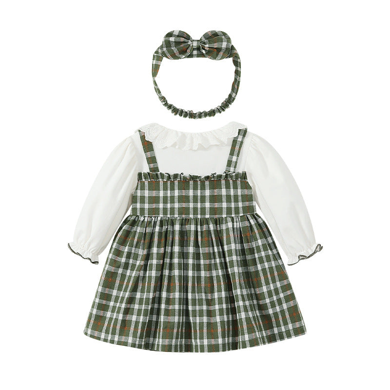 Baby girl dress featuring lace, plaid pattern, and bow tie design in green color, perfect for special occasions.