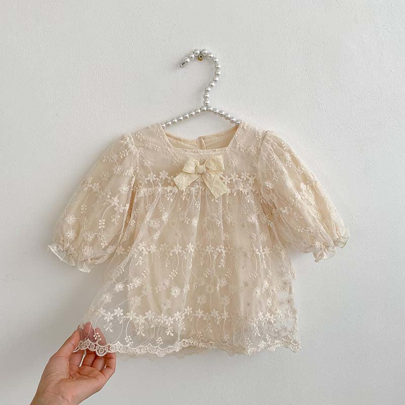 Baby girl mesh patched design square neck onesies dress in beige and apricot colors, featuring floral and embroidered patterns.