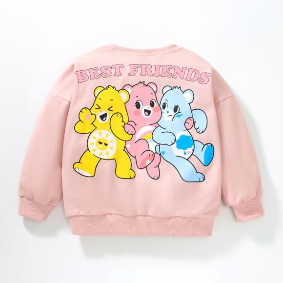 Baby girl pink cotton hoodie featuring a cartoon bear pattern, perfect for spring and autumn wear.