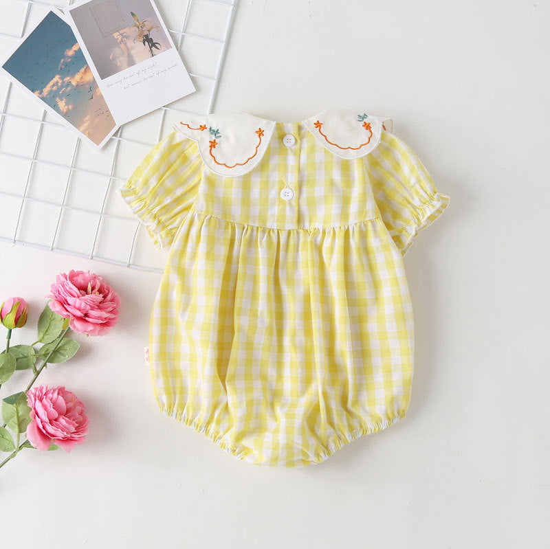 Baby girl plaid pattern onesie with floral embroidery and round collar, perfect for summer wear.