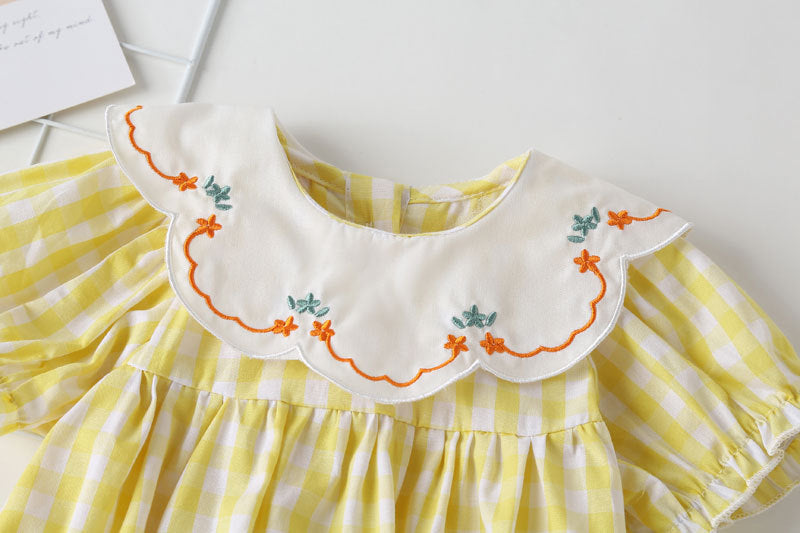 Baby girl plaid pattern onesie with floral embroidery and round collar, perfect for summer wear.