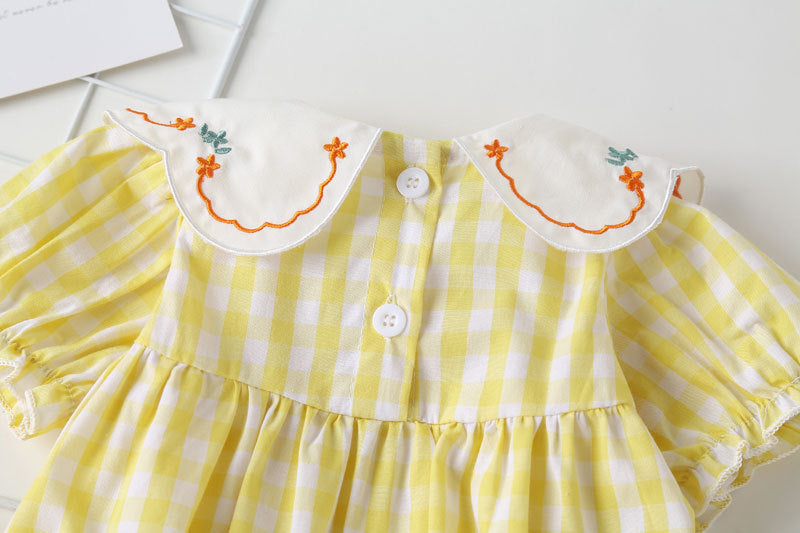 Baby girl plaid pattern onesie with floral embroidery and round collar, perfect for summer wear.