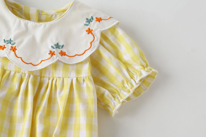 Baby girl plaid pattern onesie with floral embroidery and round collar, perfect for summer wear.