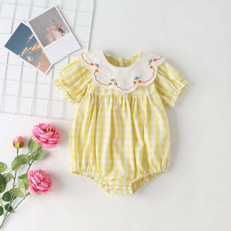 Baby girl plaid pattern onesie with floral embroidery and round collar, perfect for summer wear.