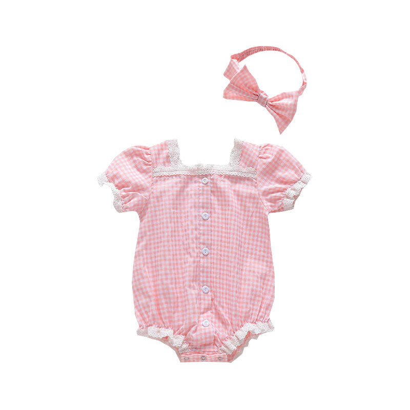 Baby girl plaid pattern onesie with lace patchwork design, short sleeves, and button-down closure in pink color.