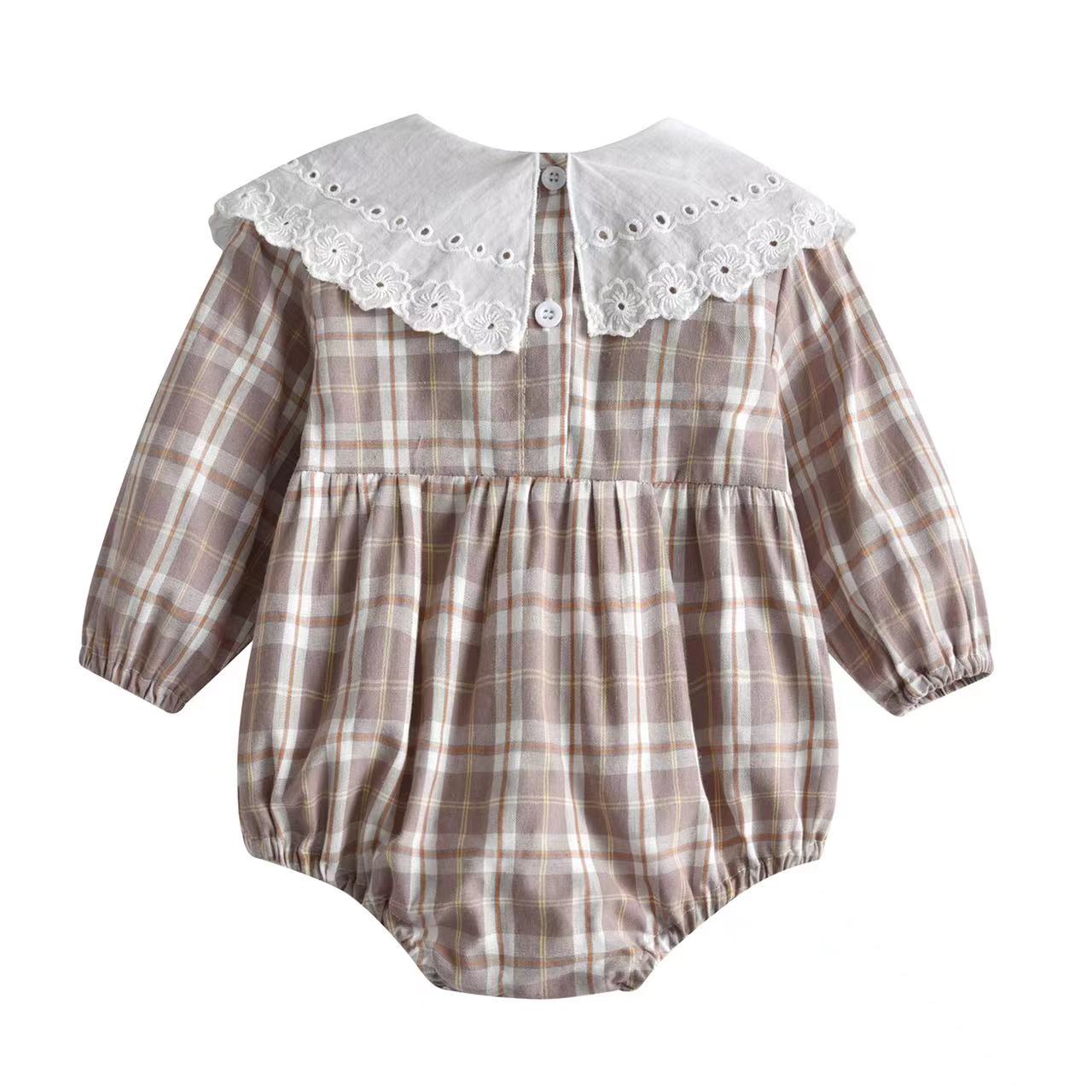 Baby girl plaid pattern long sleeved onesie with lapel design in coffee color, perfect for cooler days.