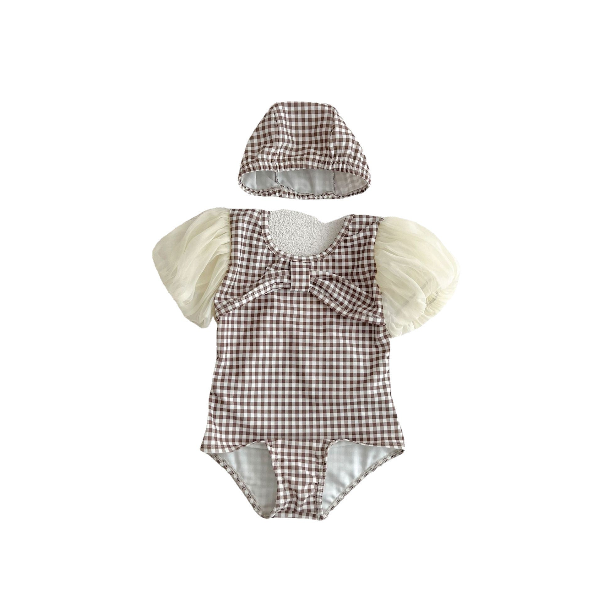 Baby girl swimwear featuring plaid pattern and mesh sleeves, complete with a matching sun hat.