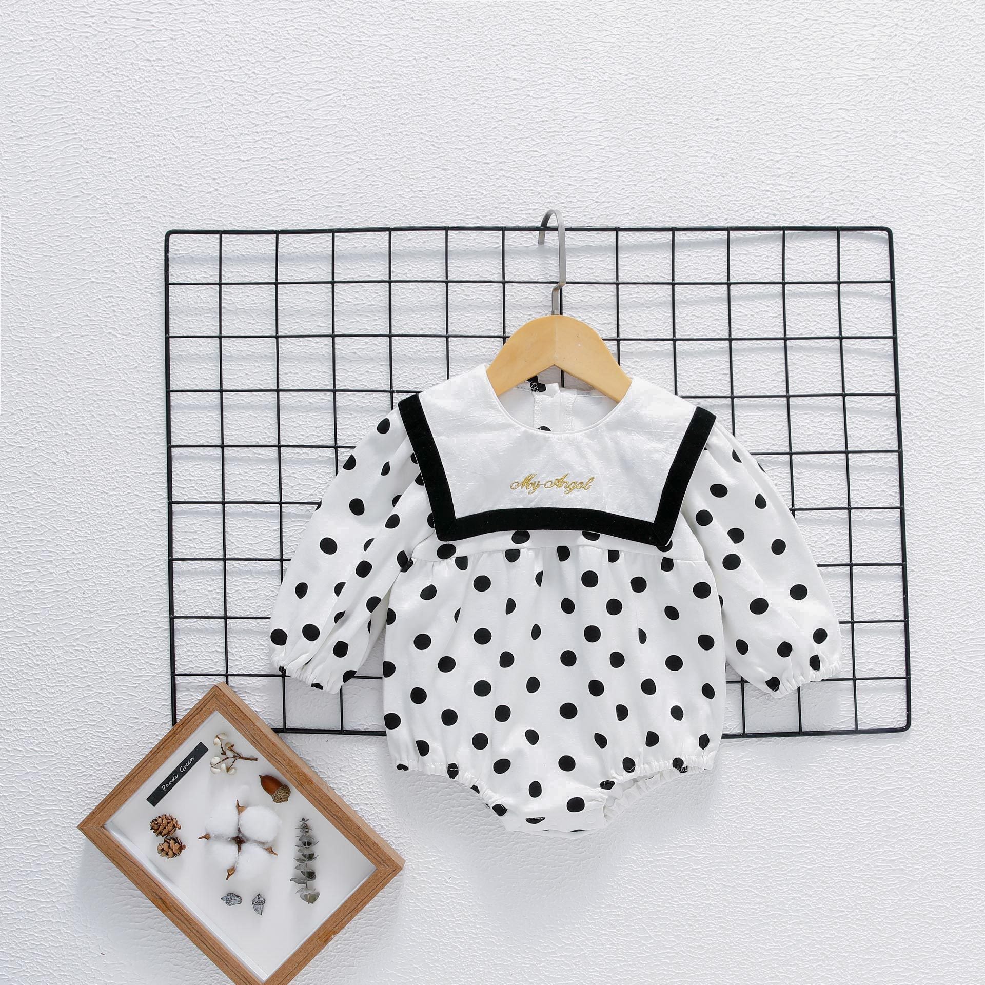 Baby girl bodysuit featuring a polka dot pattern and sailor collar design, made from soft cotton, perfect for spring and autumn.