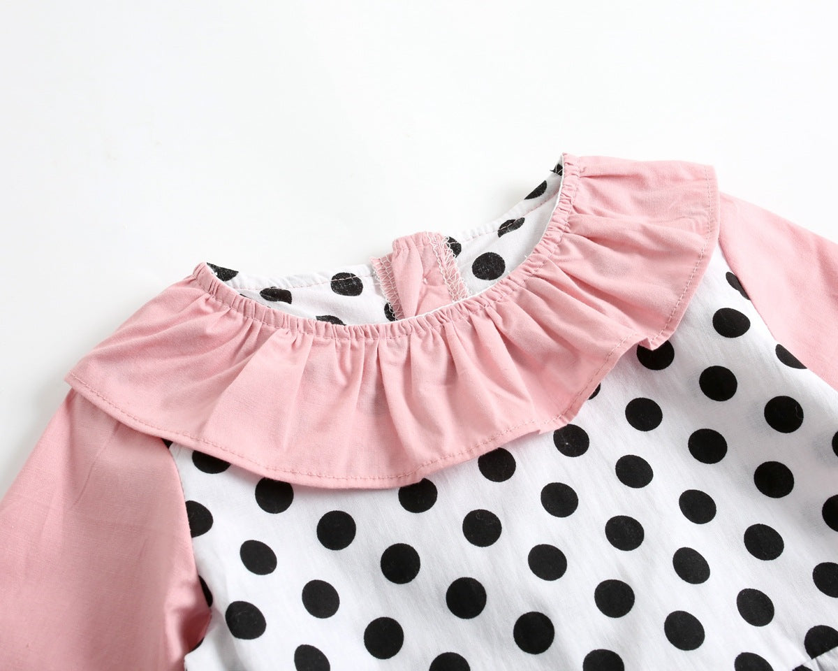 Baby girl bodysuit featuring a polka dot pattern and ruffle collar design, perfect for spring and autumn wear.