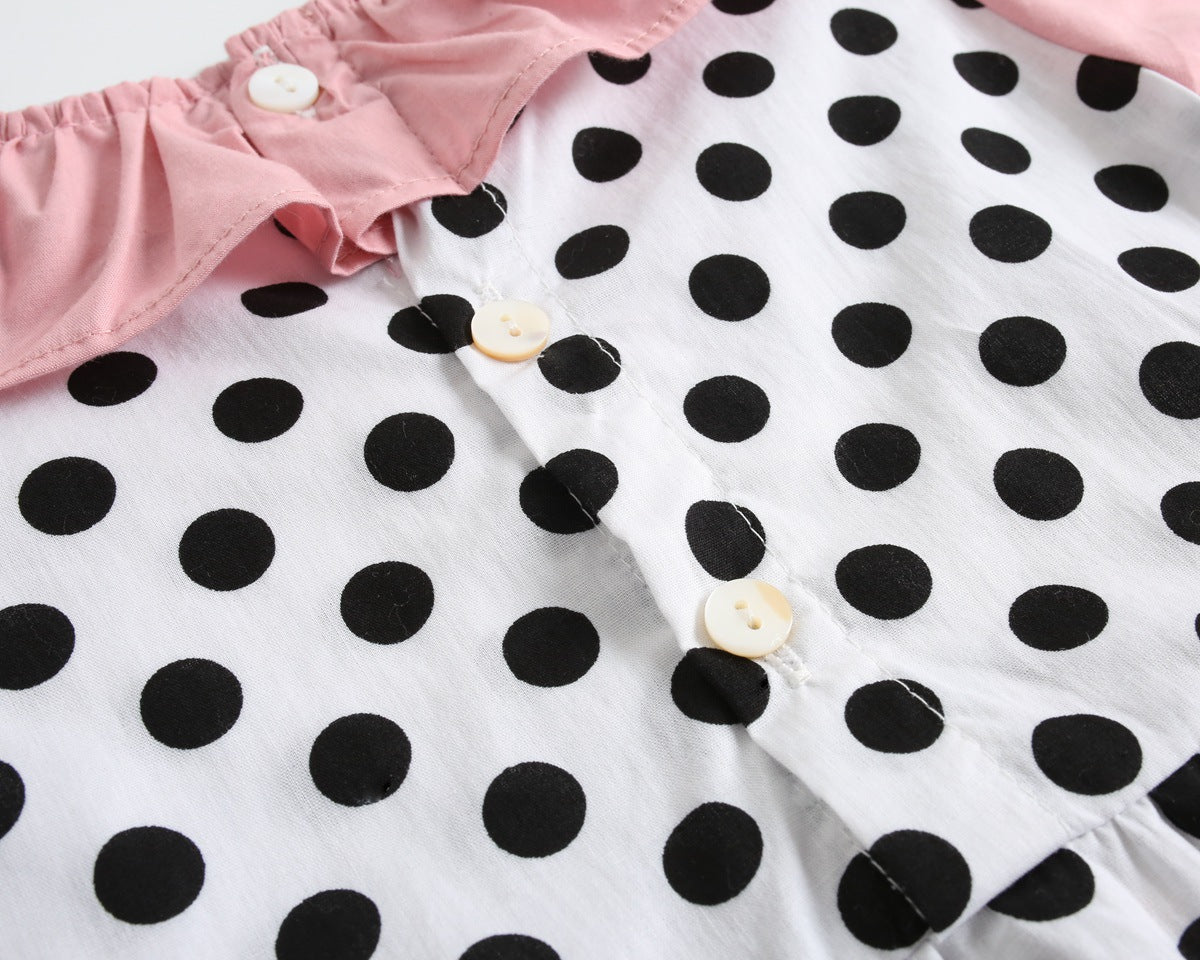 Baby girl bodysuit featuring a polka dot pattern and ruffle collar design, perfect for spring and autumn wear.