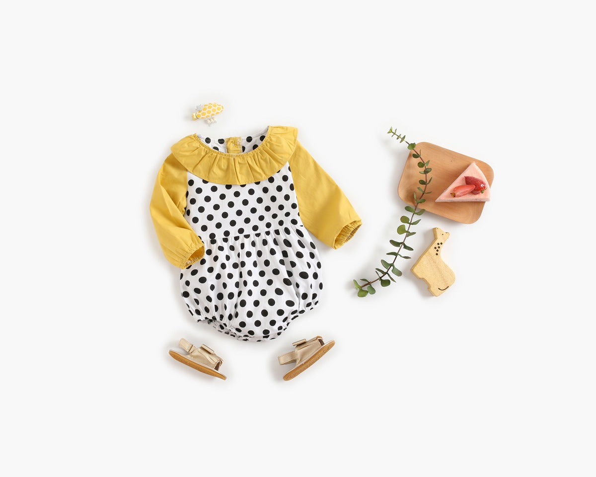 Baby girl bodysuit featuring a polka dot pattern and ruffle collar design, perfect for spring and autumn wear.