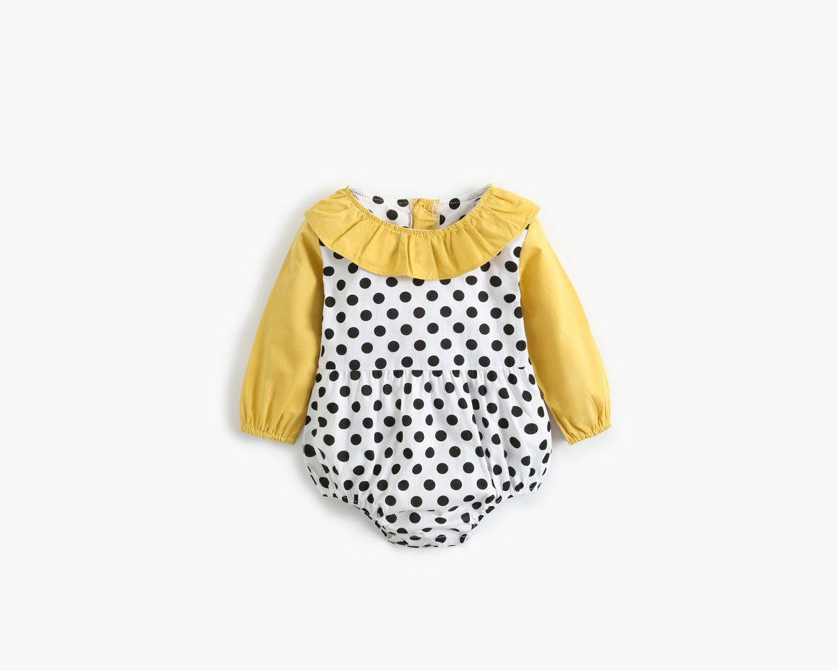 Baby girl bodysuit featuring a polka dot pattern and ruffle collar design, perfect for spring and autumn wear.