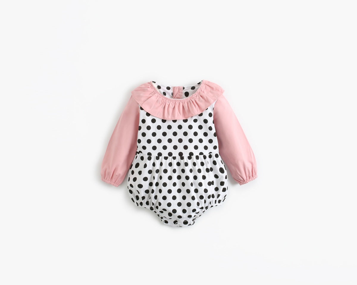 Baby girl bodysuit featuring a polka dot pattern and ruffle collar design, perfect for spring and autumn wear.