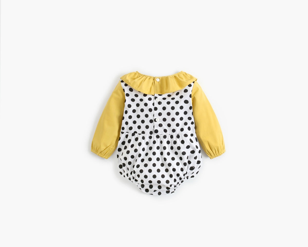 Baby girl bodysuit featuring a polka dot pattern and ruffle collar design, perfect for spring and autumn wear.