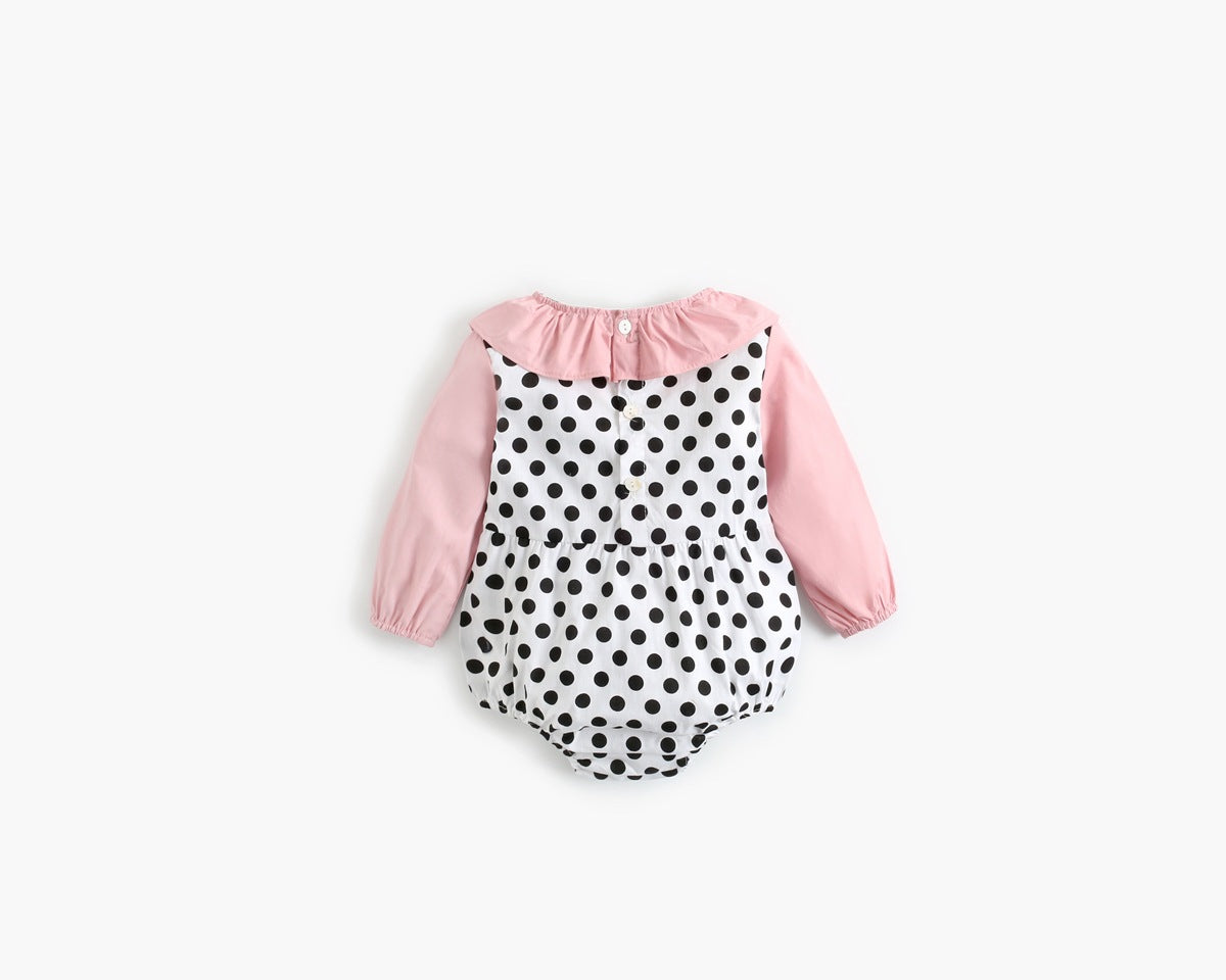 Baby girl bodysuit featuring a polka dot pattern and ruffle collar design, perfect for spring and autumn wear.