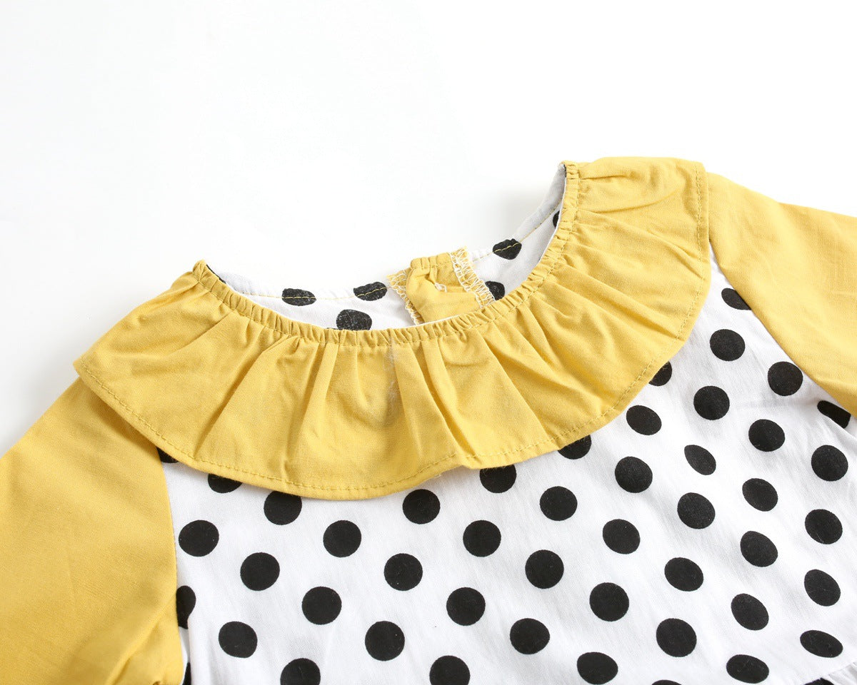 Baby girl bodysuit featuring a polka dot pattern and ruffle collar design, perfect for spring and autumn wear.