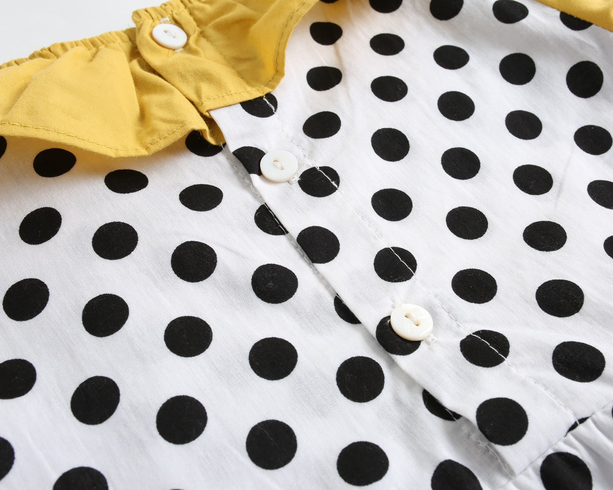 Baby girl bodysuit featuring a polka dot pattern and ruffle collar design, perfect for spring and autumn wear.