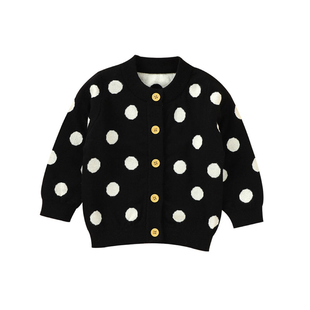 A stylish baby girl cardigan featuring a polka dot pattern and single breasted design, made from soft acrylic material.