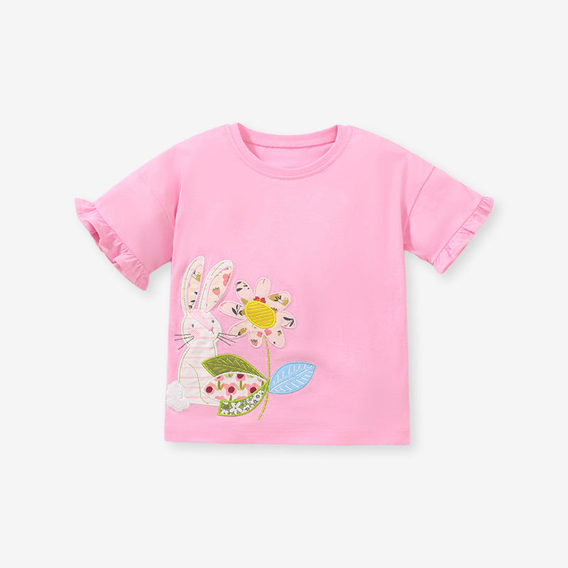 Baby girl wearing a pink cotton top with rabbit cartoon and floral ruffles, perfect for summer.