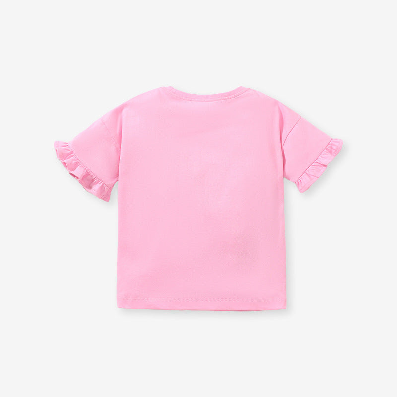 Baby girl wearing a pink cotton top with rabbit cartoon and floral ruffles, perfect for summer.