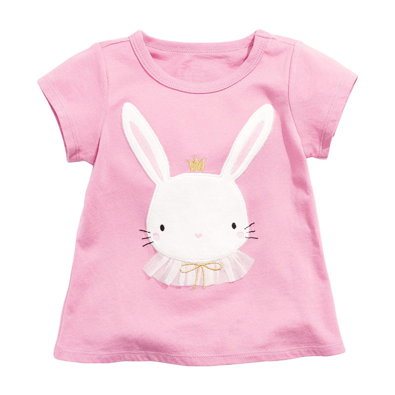 Baby girl pink short sleeve cotton shirt featuring a cute rabbit cartoon design, perfect for summer wear.