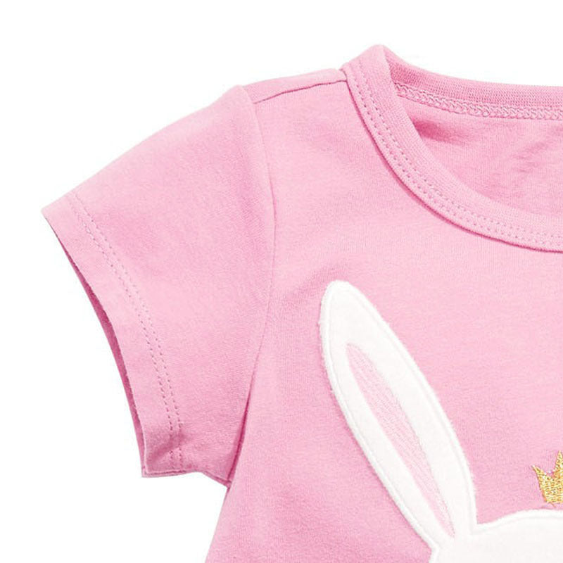 Baby girl pink short sleeve cotton shirt featuring a cute rabbit cartoon design, perfect for summer wear.