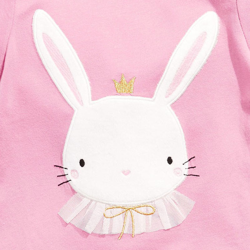 Baby girl pink short sleeve cotton shirt featuring a cute rabbit cartoon design, perfect for summer wear.